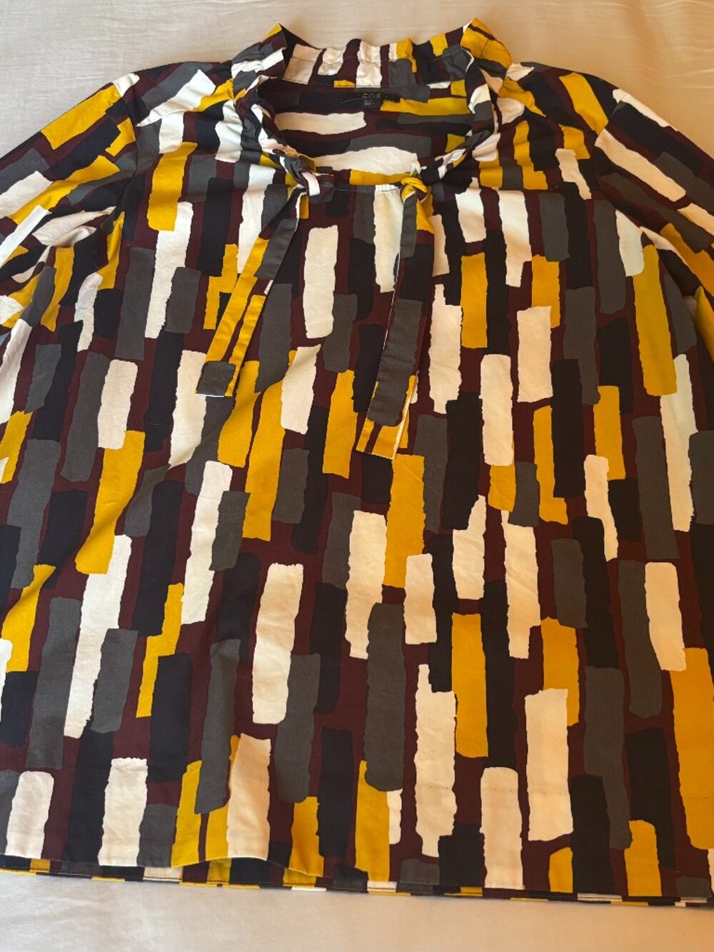 COS Geometric Print Cotton Poplin RuffleTie Neck Blouse Size 10 VGUC